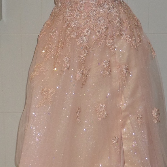 Ellie Wilde pink prom dress, shimmery, sweetheart neckline, ball gown style - Picture 3 of 4